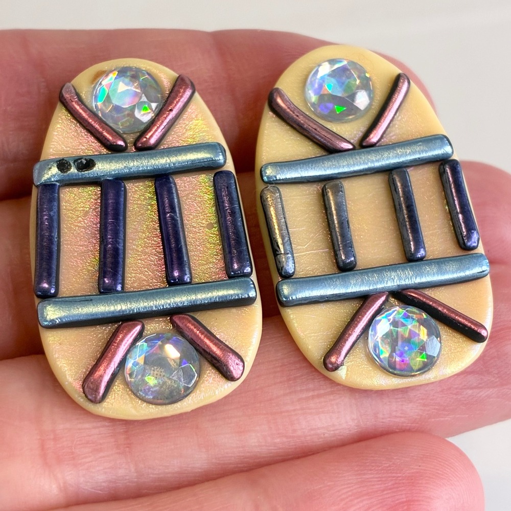 Vintage Oval Polymer Clay Earrings Iridescent Geometric Statement Post Artisan